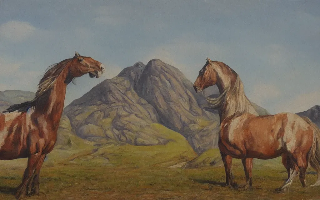 Prompt: a painting of a crazy horse during a heatwave in norway countryside, oil on canvas, by constantin hansen