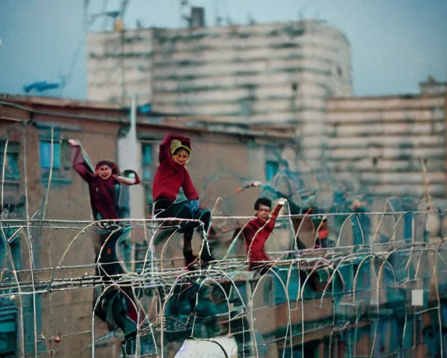 Image similar to lomo photo of roofjumpers climbing on roof of soviet hrushevka, small town, cinestill, bokeh, out of focus