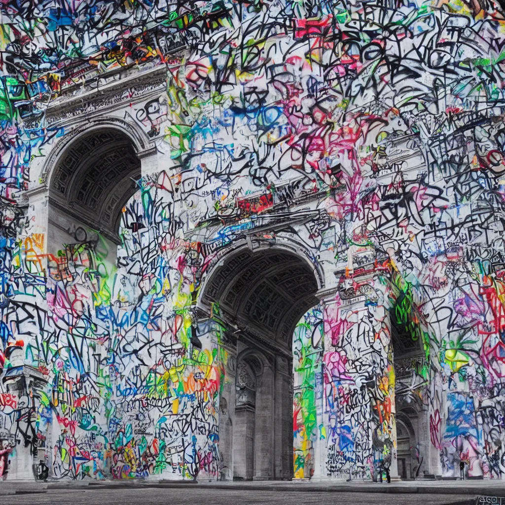 Image similar to photorealistic, arc de triomphe full of graffiti