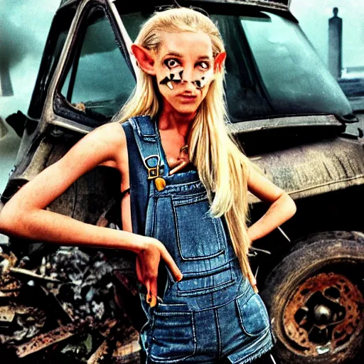 Prompt: a skinny extremely beautiful female high-fantasy elf with a long face narrow chin and short spiky blonde hair wearing dark brown overalls and holding a bomb next to a destroyed car, gel spiked blond hair, narrow lips, high resolution film still, HDR color, photograph by Mario Testino