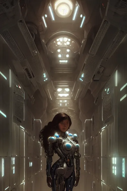 Image similar to ultra realistic, beautiful female cyborg in a utopian hallway in a space megalopolis, sci - fi, intricate details, eerie, highly detailed, octane render, 8 k, art by artgerm and alphonse mucha and greg rutkowski