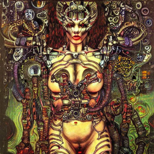 Image similar to depraved cybernetic demon, lsd, circuitry, intricate detail, klimt, frazetta,