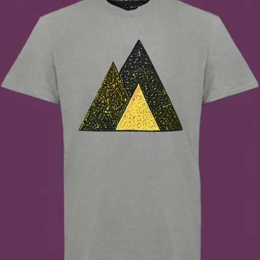 Prompt: photo of a t - shirt with a cool galactic print in a triangular pyramid shape on the chest in the style of maximalism, product photo