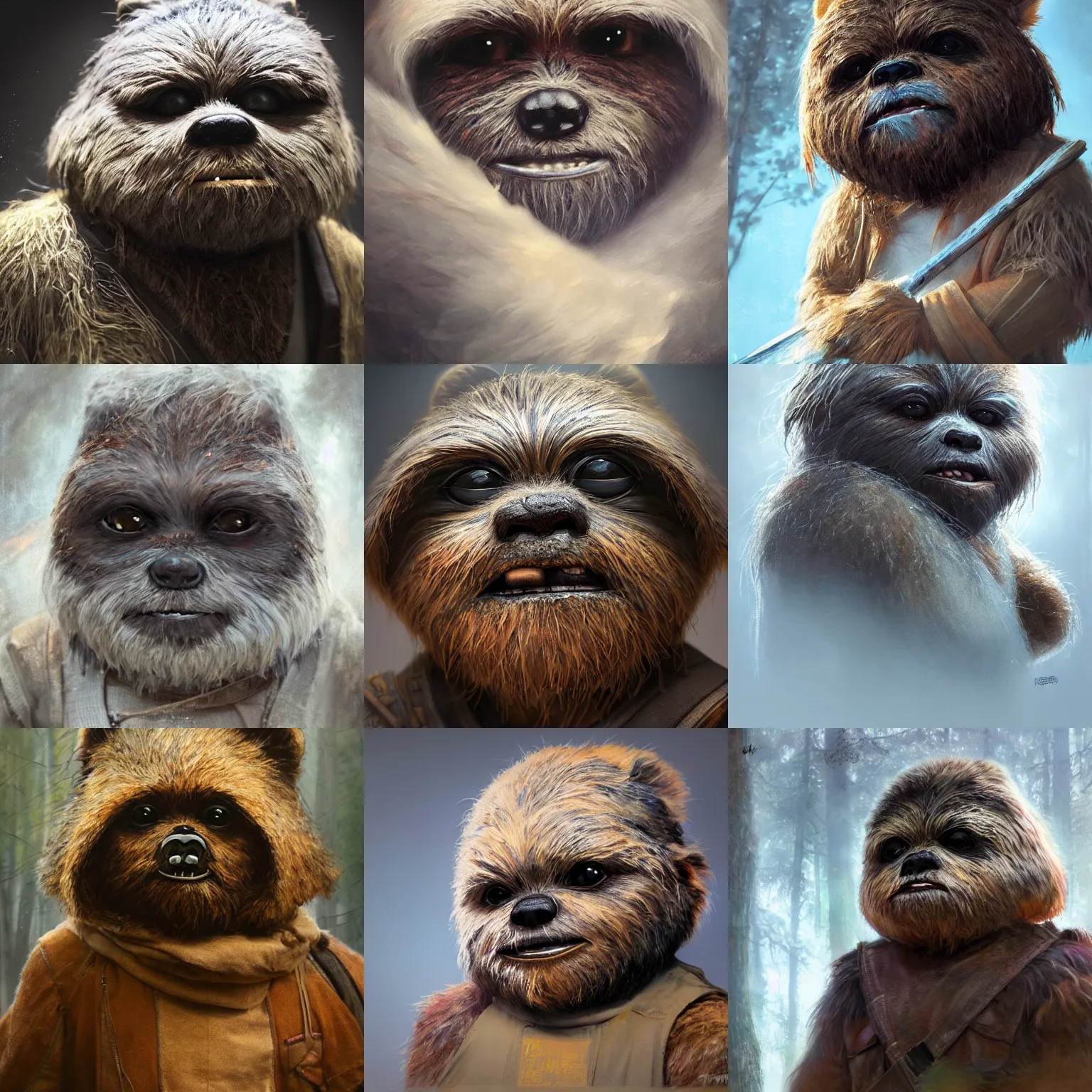 Prompt: hyperrealistic mixed media image of an ewok, stunning 3d render inspired art by István Sándorfi and Greg Rutkowski, perfect facial symmetry, realistic, highly detailed attributes and atmosphere, dim volumetric cinematic lighting, 8k octane extremely hyper-detailed render, post-processing, masterpiece,