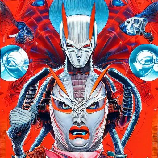 Image similar to portrait of crazy ultraman, symmetrical, by yoichi hatakenaka, masamune shirow, josan gonzales and dan mumford, ayami kojima, takato yamamoto, barclay shaw, karol bak, yukito kishiro