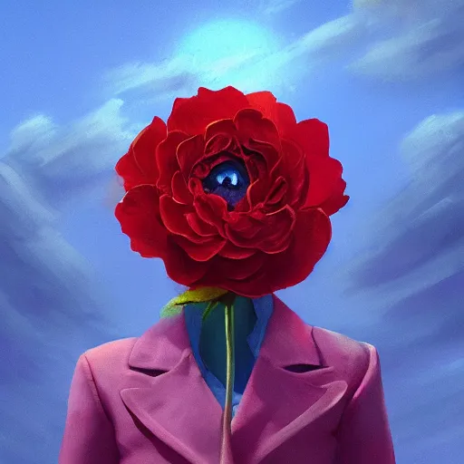 Image similar to closeup, giant rose flower head, frontal, a girl with suit, surreal photography, sunrise, blue sky, dramatic light, impressionist painting, digital painting, artstation, simon stalenhag