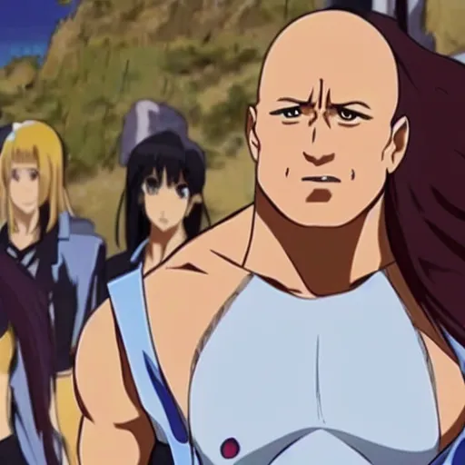 Image similar to Dwayne Johnson transformed as a gorgeous anime girl