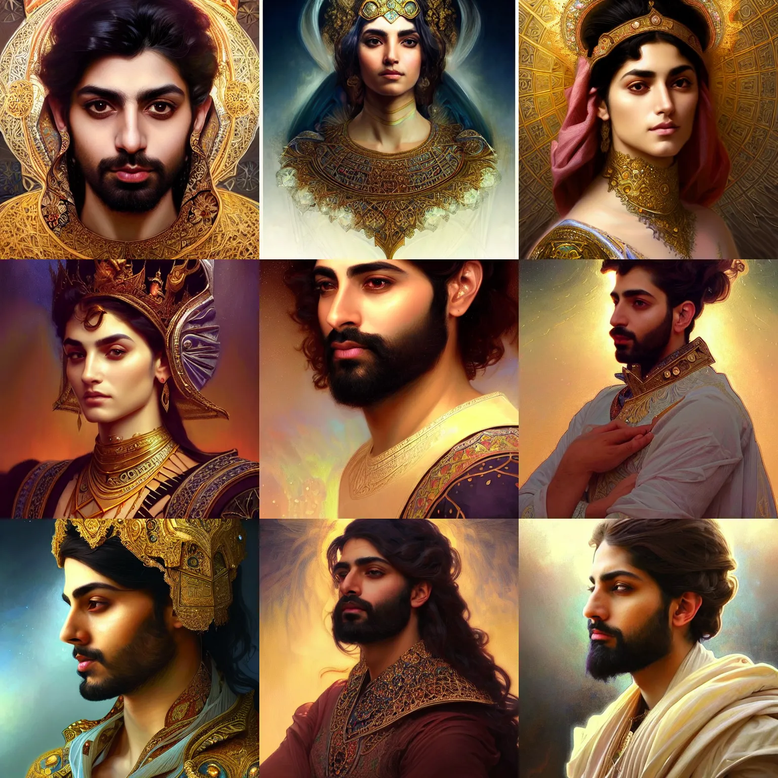 Prompt: Beautiful portrait of a Persian Prince who is an architect, Handsome prince, face painting, dramatic lighting, intricate, wild, highly detailed, digital painting, artstation, concept art, smooth, sharp focus, illustration, art by artgerm and greg rutkowski and alphonse mucha, footage from space camera