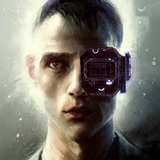 Image similar to Portrait of a man by Greg Rutkowski, symmetrical face, an young man with a VR Heaset above his eyes, Kubric Stare, cold, twisted and sinister smile, highly detailed portrait, scifi, digital painting, artstation, book cover, cyberpunk, concept art, smooth, sharp foccus ilustration, Artstation HQ