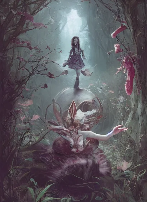 Prompt: Alice in Wonderland hunting White Rabbit,highly detailed,cinematic,8k,by Stanley Artgermm,Tom Bagshaw,Greg Rutkowski,Carne Griffiths, Ayami Kojima, Beksinski, Giger,trending on DeviantArt,hyper detailed,horror, full of colour