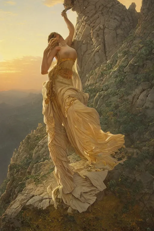 Prompt: an ultradetailed colossal magnificent sculpture of an elegant woman carved into the side of a massive mountain, fine detail, sunrise on the horizon in the background, stone hand raised up, 8 k, art by greg rutkowski and alphonse mucha and andreas rocha and albert bierstadt