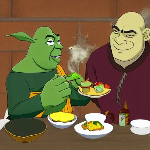 Prompt: uncle iroh having lunch with shrek, candid photo