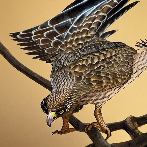 Image similar to hawk morphed with a rattlesnake, very detailed and intricate, snake and bird proportions, realistic, picture taken in zoo