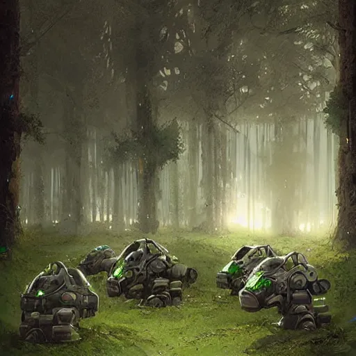 Prompt: 4 hitech green antropomorphic robots in a reservation by Greg Rutkowski, ultra detail, cinematic style