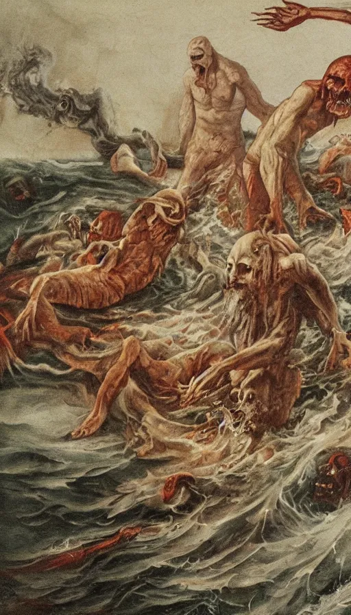 Image similar to man on boat crossing a body of water in hell with creatures in the water, sea of souls, by schizophrenia patient