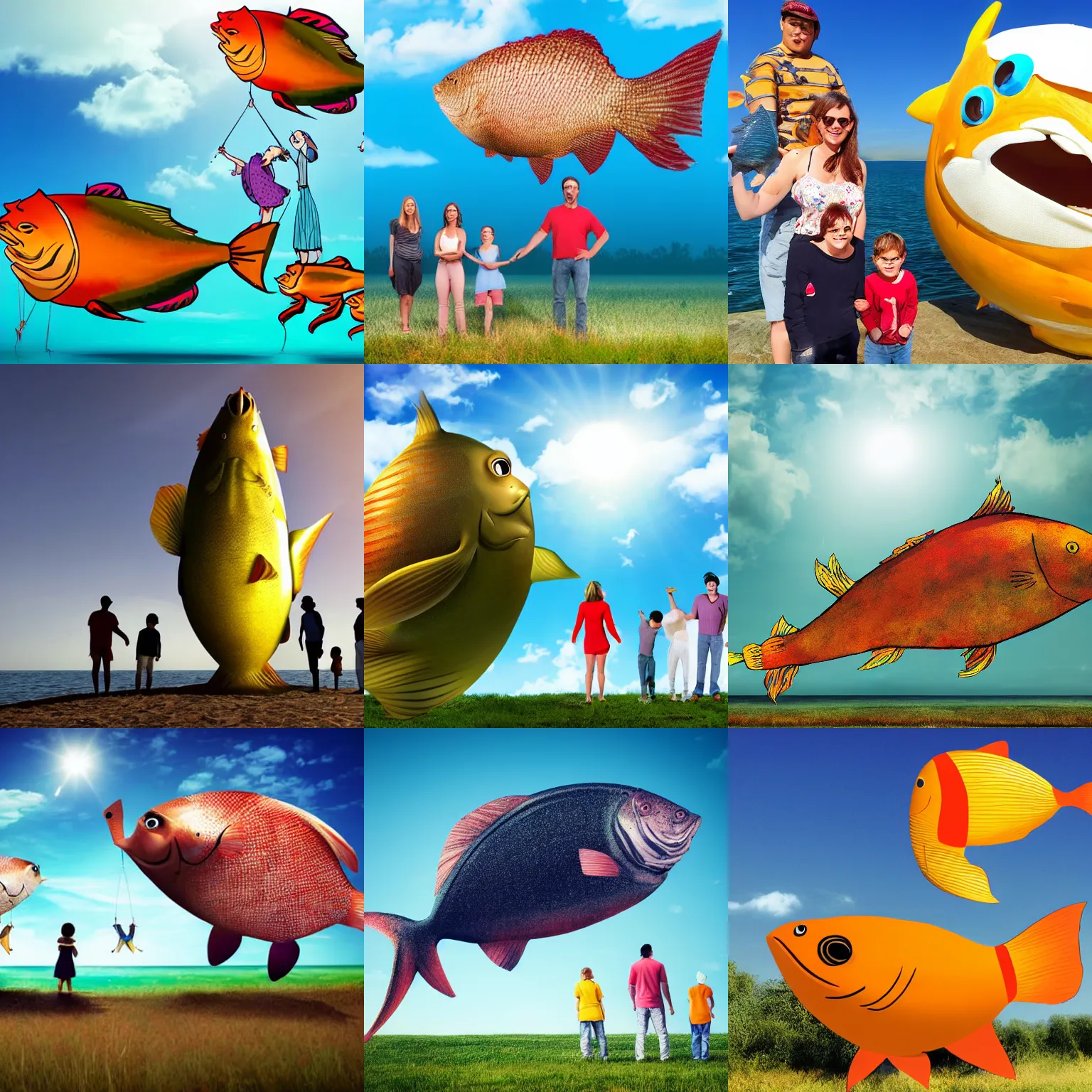 Prompt: an oversized fish is standing on its tail facing the sky. it dwarfs a happy human family, standing in front of the fish.
