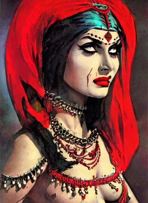 Image similar to female indian vampiress, jeweled veil, strong line, saturated color, beautiful! coherent! by frank frazetta, high contrast