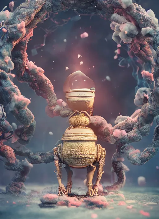 Prompt: fKrang standing with black jar, enchanted, magical, cotton candy trees, cinematic shot, intricate, ornate, photorealistic, ultra detailed, realistic, 100mm, photography, octane, high definition, depth of field, bokeh, 8k, behance, artstation