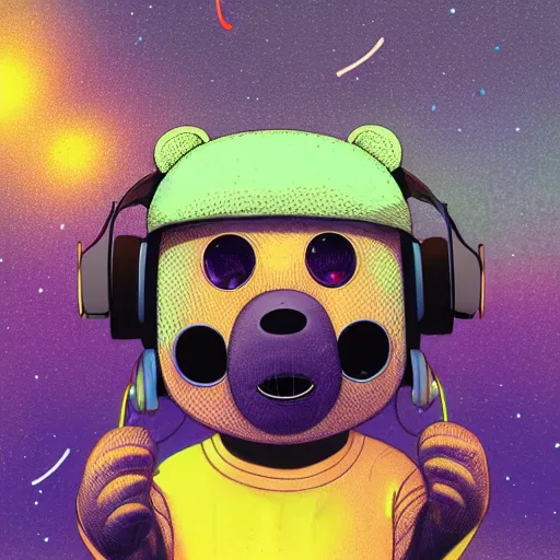 Prompt: a green humanoid bear with headphones looking in front of the camera by inio asano, beeple and james jean, aya takano color style, 8 k, super detailed, night sky, digital art, digital painting, celestial, majestic, colorful, front, yellow shirt