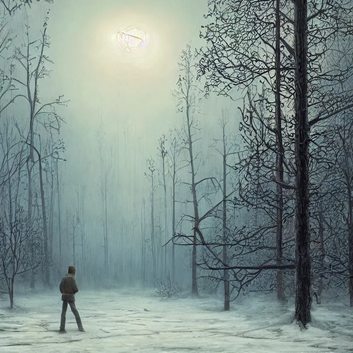 Prompt: a beautiful painting of winter in pripyat by simon stalenhag and zdzisław beksinski and rene magritte and greg rutkowski, in style of digital art. hyper detailed, sharp focus, soft light. unreal engine 5. ray tracing. trending on artstation