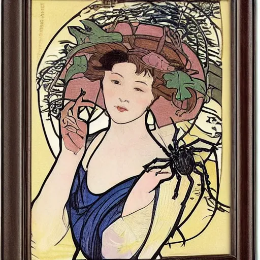 Prompt: a girl with a spider, colored woodcut, flat pastel colors, by Mackintosh, by Alfons Mucha, art noveau, by Hokusai