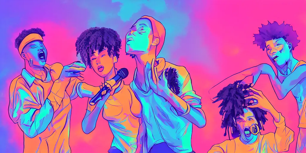 Prompt: multiracial friends rapping with microphone in living room, epic poses, distinct figures, digital art, vaporwave light show, psychedelic, diverse representation, surreal, hip hop, trending on Artstation, professional artist, detailed, 4k