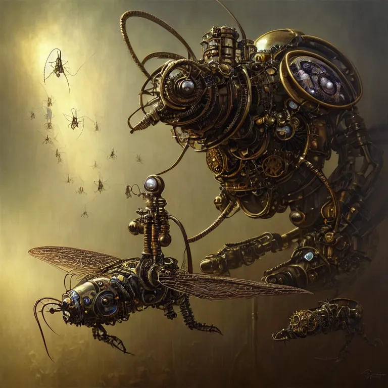 Image similar to steampunk the robot mosquito, unreal engine realistic render, 8 k, micro detail, intricate, elegant, highly detailed, centered, digital painting, artstation, smooth, sharp focus, illustration, artgerm, tomasz alen kopera, peter mohrbacher, donato giancola, joseph christian leyendecker, wlop, boris vallejo