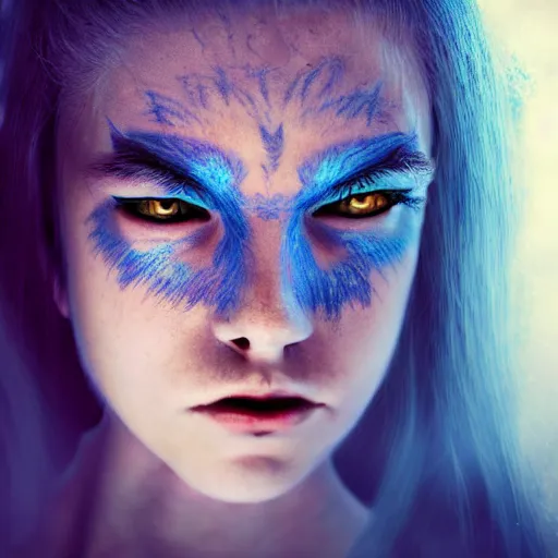 Image similar to portrait of young girl half dragon half human, dragon girl, dragon skin, dragon eyes, dragon crown, blue hair, long hair, highly detailed, cinematic lighting, chiaroscuro lighting, By David Lynch