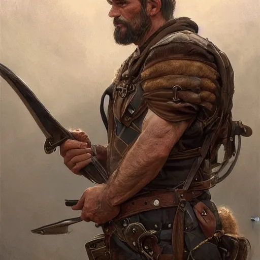 Image similar to portrait of a rugged ranger, coherent hands, handsome, muscular, full body, leather, hairy, d & d, fantasy, intricate, elegant, highly detailed, digital painting, artstation, concept art, smooth, sharp focus, illustration, art by artgerm and greg rutkowski and alphonse mucha