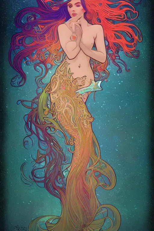 Prompt: a beautiful psychedelic mermaid with a beautiful fin, symmetrical features, cinematic lighting, soft bokeh, fantasy, modern, colourful, highly detailed, digital painting, artstation, deviantart, concept art, sharp focus, illustration, by alphonse mucha