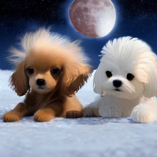 Prompt: a photorealistic closeup image of a cute brown colored long haired chihuahua cocker spaniel dog playing with a happy white bichon frise puppy on the lunar surface. brightly lit. extreme detail. unreal engine