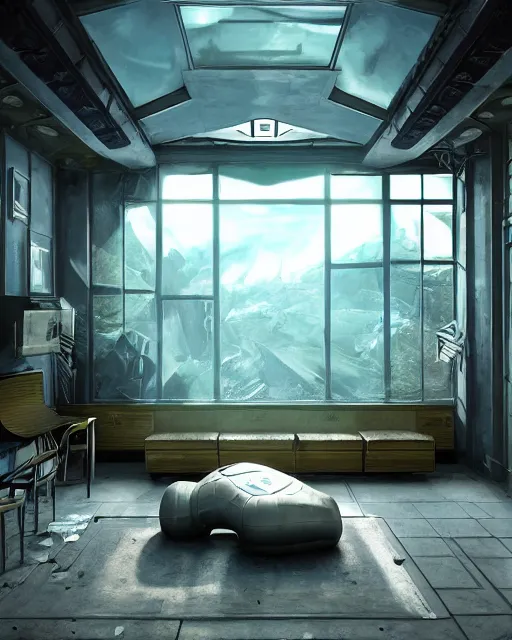 Image similar to artstation scifi scene of a safe room, lounge furniture, large terrarium, sky mural on the celing, paneled walls, unreal engine 5, hyper realism, realistic shading, cinematic composition, blender render, octane render, hdr, detailed textures, photorealistic, wide shot