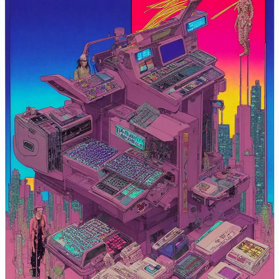 Image similar to ( ( ( ( cyberpunk cash register ) ) ) ) by mœbius!!!!!!!!!!!!!!!!!!!!!!!!!!!, overdetailed art, colorful, artistic record jacket design