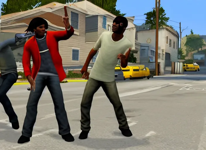 Prompt: Michael Jackson and Carl Johnson armed in Groove Street