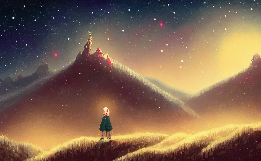 Image similar to mountains, stars and paisley filled sky, artstation, intricate, highly detailed, digital painting, concept art, sharp focus, illustration by Benjamin Lacombe and James Gilleard