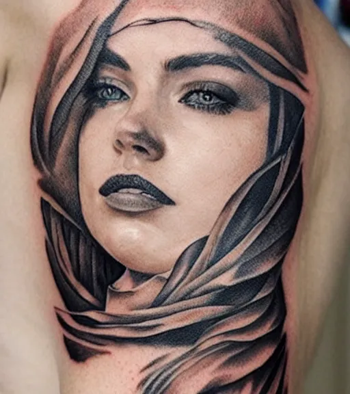 Prompt: tattoo design sketch of a beautiful woman face with a faded background of beautiful mountains and nature on her side, hyper - realistic, in the style of den yakovlev, amazing detail, black and white