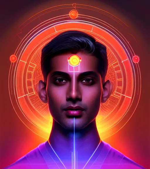 Image similar to symmetry!! indian prince of technology, solid cube of. light, hard edges, product render retro - futuristic poster scifi, lasers and neon circuits, brown skin handsome indian prince, intricate, elegant, highly detailed, digital painting, artstation, concept art, smooth, sharpfocus, illustration, dreamlike, art by artgerm