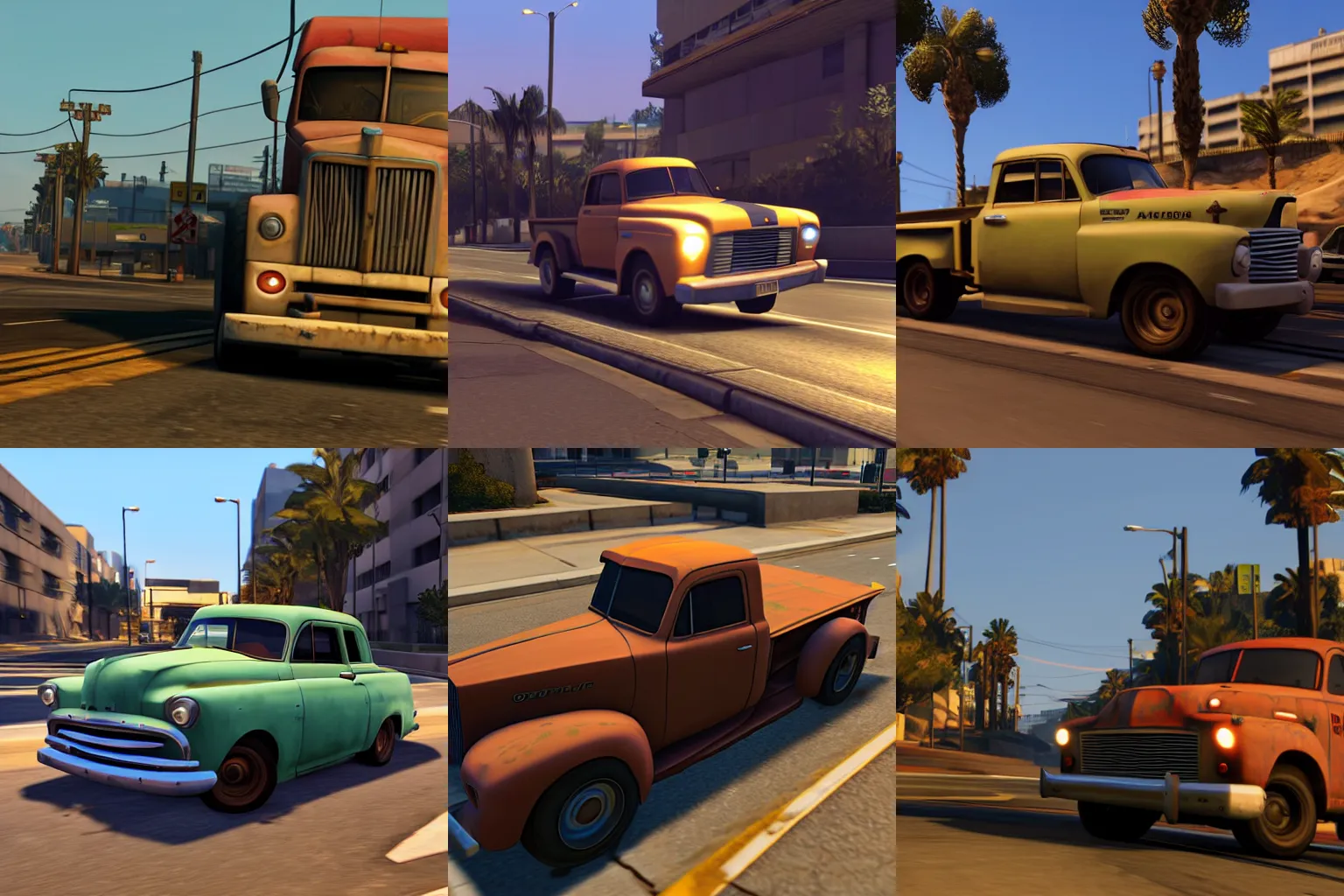 Prompt: Mater driving over a sidewalk, GTA V gameplay screenshot, sharp, Unreal Engine 5, very detailed shading at dusk