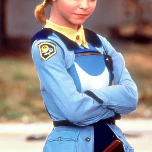 Prompt: film still, Judy Hopps as a real human!! young policewoman, from Police Academy 2 (1985)