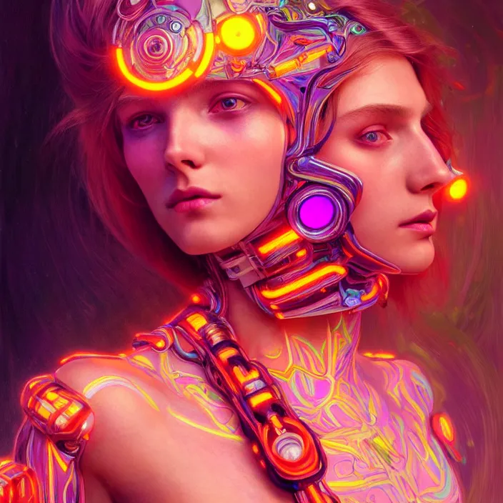 Prompt: bright psychedelic cyborg, glowing skin, long hair, diffuse lighting, fantasy, intricate, elegant, highly detailed, lifelike, photorealistic, digital painting, artstation, illustration, concept art, smooth, sharp focus, art by John Collier and Albert Aublet and Krenz Cushart and Artem Demura and Alphonse Mucha