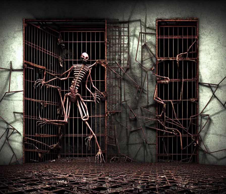 Image similar to creepy huge suffering humanoid with long limbs sits. an underground very dark gloomy multi - layered structure of rusty thick iron grates, dense chain - link fencing and peeling walls. inside view, collapsed floors, bent rusted iron, masterpiece, black background, corners, cinematic, hyperdetailed, photorealistic, hyperrealism, octane render, shadows