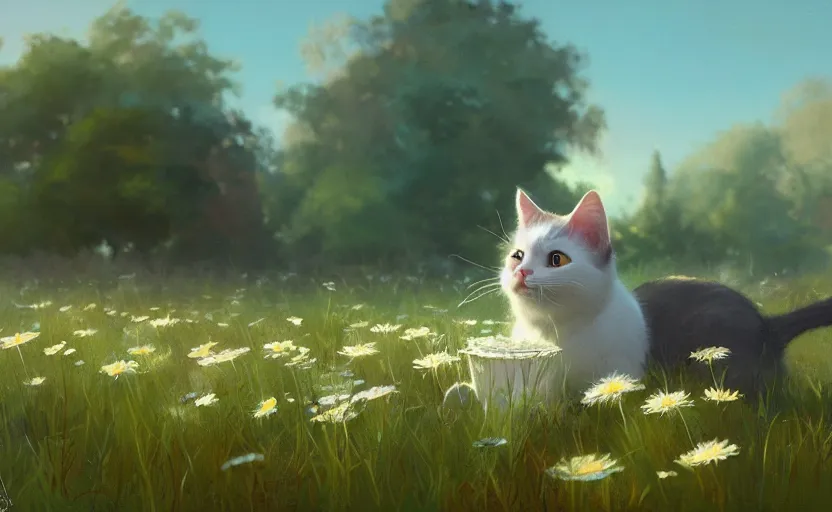 Image similar to cat and daisies, painting by craig mullins, octane rendering, soft morning lighting, wide angle lens, in the style of hayao miyazaki, trending on artstation