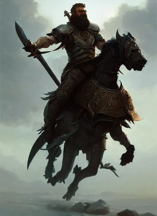 Prompt: epic bearded war commander holding two gigantic sword and wearing shield riding a running horse. highly detailed, digital painting, concept art, smooth, sharp focus, illustration, art by greg rutkowski