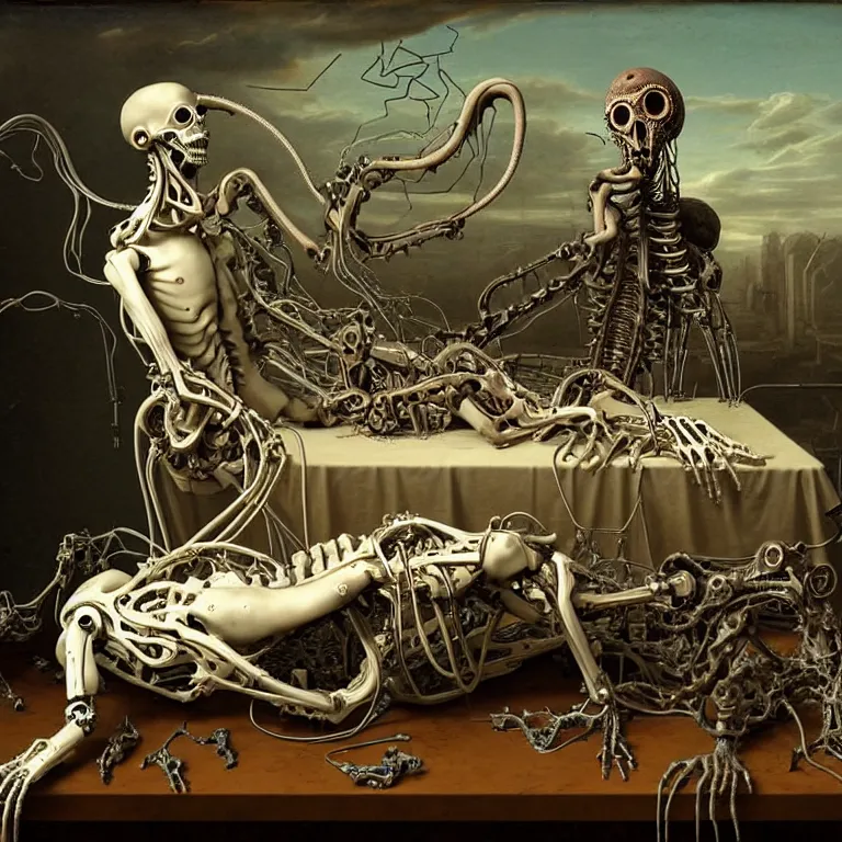 Prompt: still life of two abandoned biomechanical cyborg male lovers laying on a table, pastel flowers on a table, surreal alien ribbed pastel fruit, white human spine, covered with tentacles, roots, wires, tubes, baroque painting, standing in a desolate empty wasteland, creepy, nightmare, dream-like heavy atmosphere, surreal abandoned buildings, baroque painting, beautiful detailed intricate insanely detailed octane render trending on Artstation, 8K artistic photography, photorealistic, chiaroscuro, Raphael, Caravaggio, Beksinski, Giger