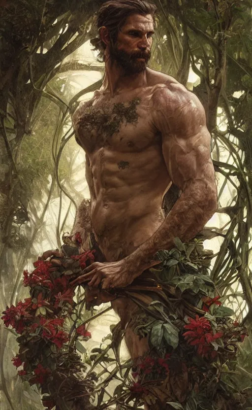 Image similar to god of the forest, 3 0 years old, rugged, handsome, male, detailed face, clean lines, atmospheric lighting, amazing, full body, thighs, flowers, muscular, intricate, highly detailed, digital painting, deviantart, concept art, sharp focus, illustration, art by greg rutkowski and alphonse mucha