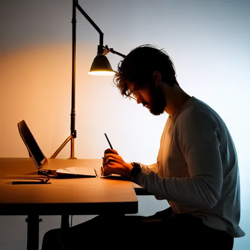 Image similar to a photograph of a man writing the novel of his life story, award - winning photograph, studio lighting, dramatic colors, striking lighting, perfect composition