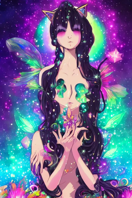 Image similar to psychedelic, whimsical, anime, 4k, beautiful seductive woman with fox ears smoking weed, with professional makeup, long trippy hair, a crystal and flower dress, sitting on a reflective pool, surrounded by gems, underneath the stars, rainbow fireflies, trending on patreon, deviantart, twitter, artstation, volumetric lighting, heavy contrast, art style of Greg Rutkowski and Victoria gavrilenko and Ross Tran