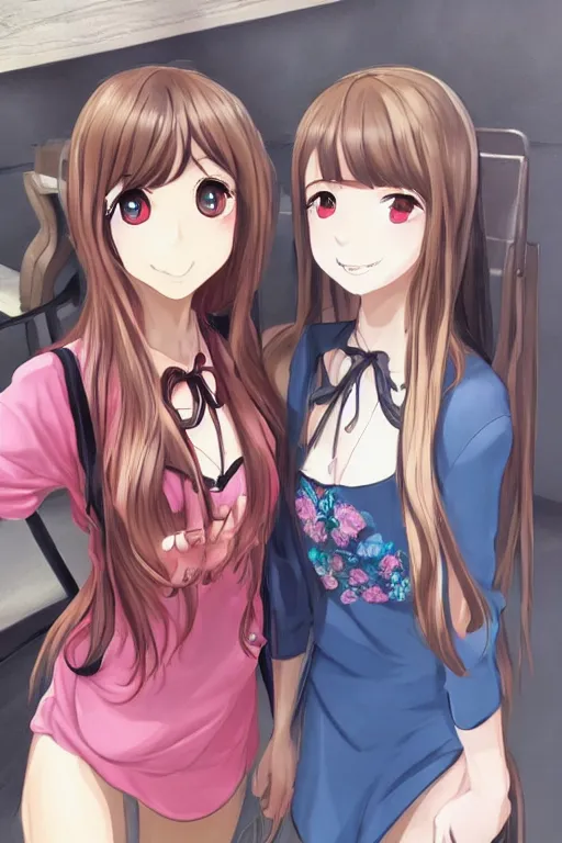 Prompt: two beautiful female idols in causal clothes standing face to face, detailed anime art