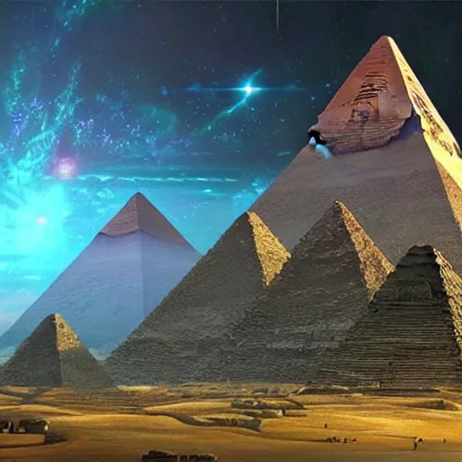 Prompt: ultrarealistic cgi aliens in a meeting of the galactic federation 1 5 0 0 0 years ago before matrix installation. realistic futuristic background unreal engine hyperdetailed photorealistik patterned robes. ancient pyramids with sacred geometry glowing scenery background in the style of android jones