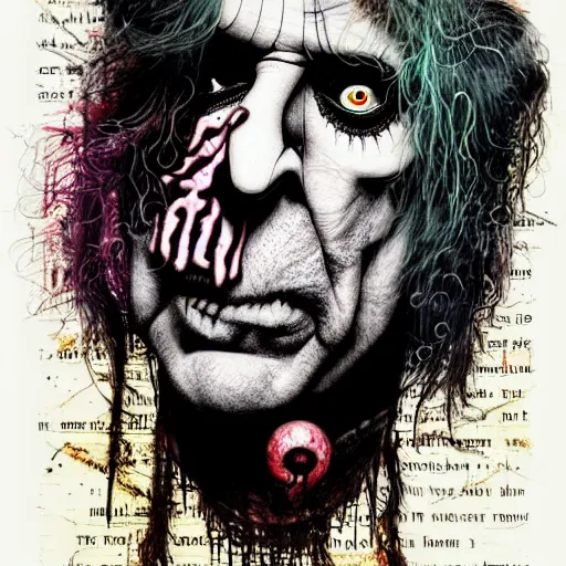 Image similar to graphic illustration, creative design, alice cooper, biopunk, francis bacon, highly detailed, hunter s thompson, concept art, mixed media